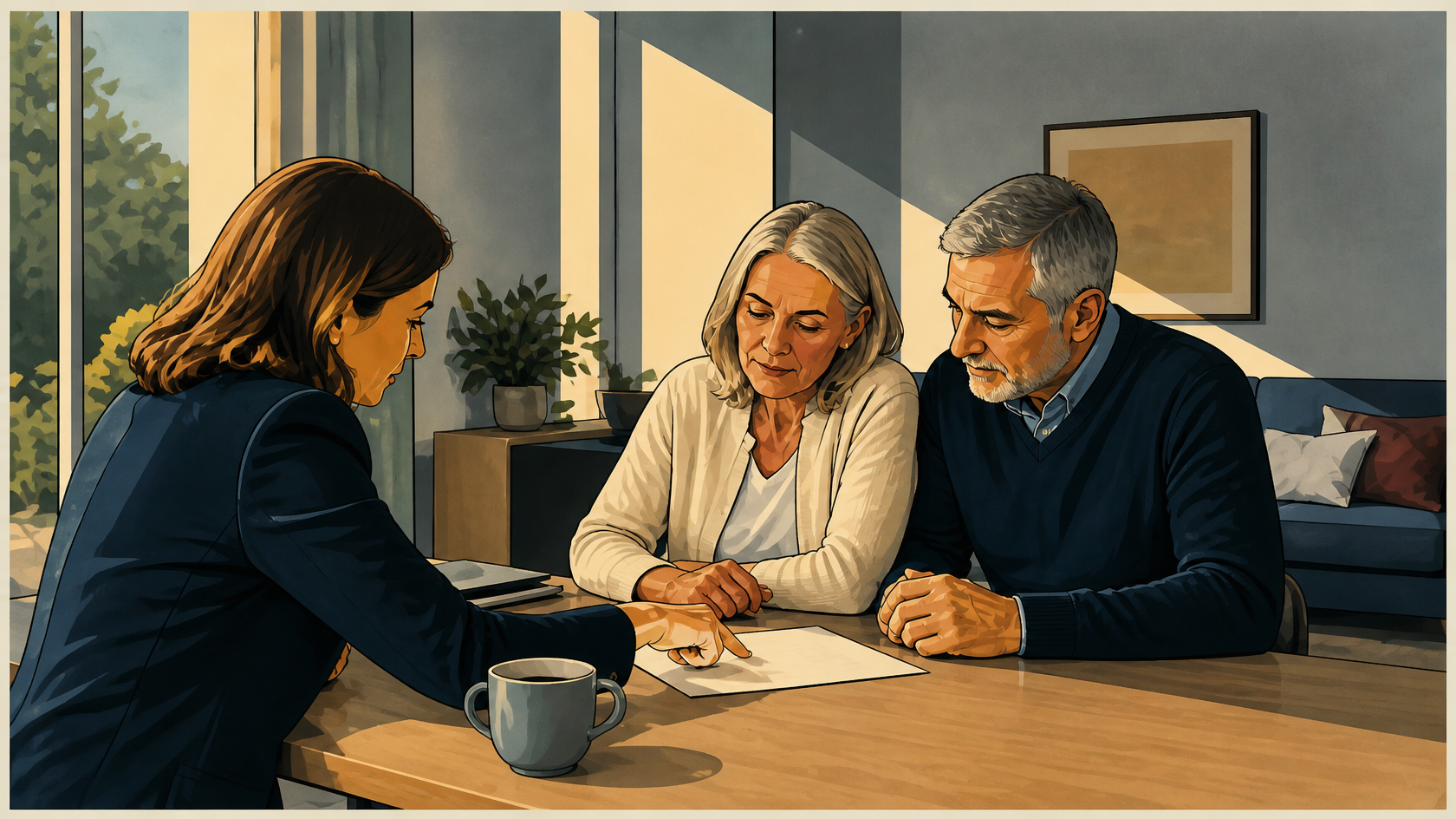 Couple relisant la clause bénéficiaire de son contrat d'assurance-vie avec une consultante Finzzle groupe